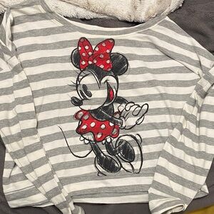Disney Gray and White Striped Long Sleeve Tee with Red Accents